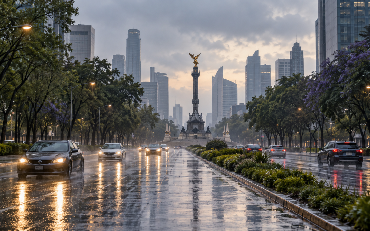 Ilustración editorial de autos en Paseo de la Reforma, Ciudad de México, bajo lluvia ligera al amanecer.