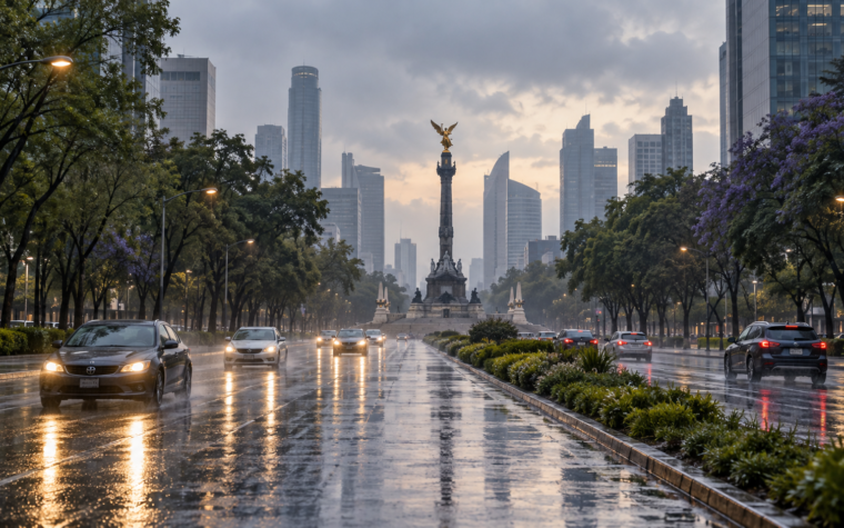 Ilustración editorial de autos en Paseo de la Reforma, Ciudad de México, bajo lluvia ligera al amanecer.