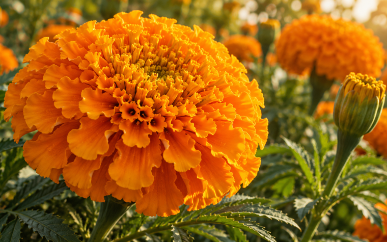 Ilustración de una cabezuela naranja de cempasúchil, con flores pequeñas agrupadas y hojas verdes al fondo.
