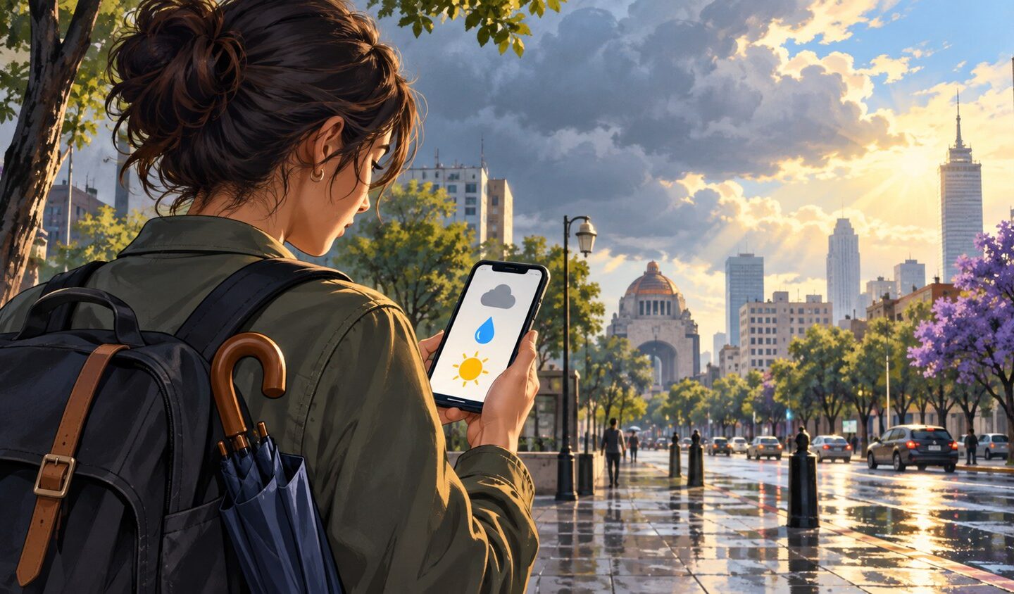 Ilustración de una persona consultando iconos del tiempo en su teléfono antes de caminar por una calle de Ciudad de México.