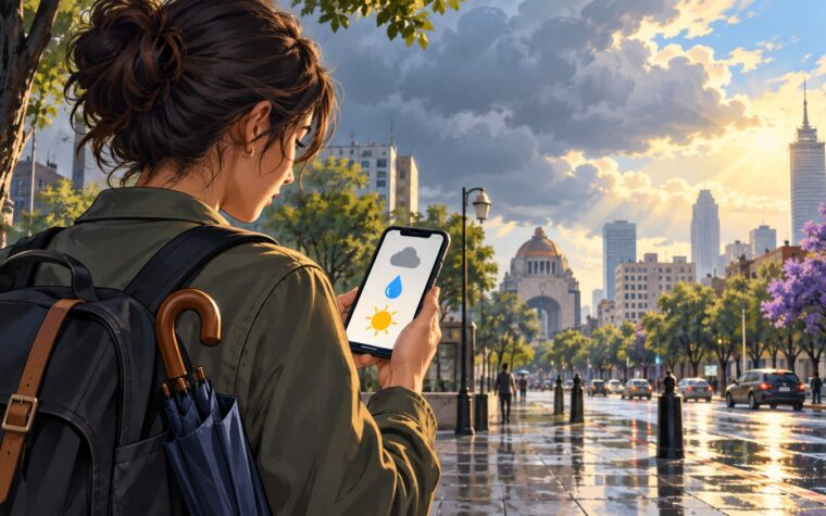 Ilustración de una persona consultando iconos del tiempo en su teléfono antes de caminar por una calle de Ciudad de México.